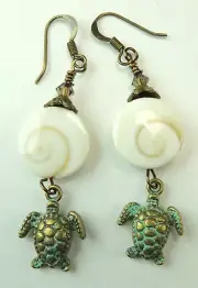Patina Turtle Earrings & Shiva Shells Handmade Jewelry