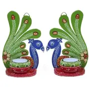 Handmade Wooden Peacock Design Tea Light Candle Holder ( Pack of 2 )