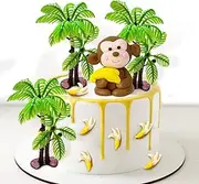 11 PCS Monkey Cake Topper with Coconut Trees Banana Cake Decoration for Jungle Safari Animal Themed Birthday Baby Shower Party Supplies