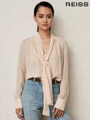 Reiss Pale Pink Tina Silk Blend Chiffon Tie-Neck Blouse (H25071) | $380