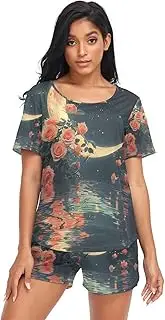 [RPLIFE] Ethereal Crescent Moon Sleepwear Sets for Women, Matching Short Lounge Set, Ethereal Crescent Moon, Medium