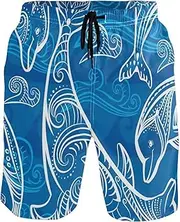 [GuoChe] Mens Funny Swim Trunks Blue Wave Dolphin Fish Quick Dry Bathing Suits Sports Running Swim Board Shorts Pants with Mesh
