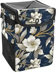 Car Trash Can with Lid and Storage Pockets Leak-Proof Organizer,Waterproof Garbage Can,Blue Background White Floral