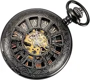 [SIBOSUN] Antique Skeleton Mechanical Pocket Watch Men Women Chain Box Roman Numerals Dial