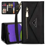 Samsung Galaxy A22 4G Phone Case Wallet N.Bekus Leather Flip Zipper Pocket Magnetic Purse With Strap & Card Holder for Girls Women (Black)