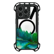 iPhone 16 Pro Ultra Bounce Case MagSafe Compatible WOODLAND RETREAT 1, FOREST TREES TEAL BLUE GREEN NATURE MOUNTAINS PAINTING