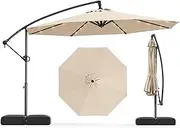 Costway 3m Solar Offset Hanging Umbrella with Base, Patio Cantilever Umbrella w/ 32 LED Lights, Infinite Tilt, 360° Rotation, Crank Handle, Sun-Protective Canopy, Outdoor Parasol for Pool Garden Lawn Deck