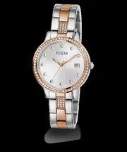 Guess Heartless Polished Two Tone Case With Crystals Sunray Silver Date Dial And Polished Two Tone Bracelet With Crystals GW0725L2