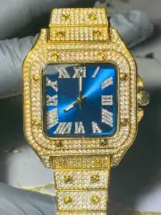 Men's Custom Gold Blue Fully Ice out Sport Bust Down Watch Stainless Steel Band