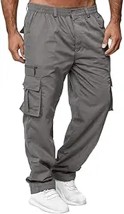 [Generic] Outdoor Cargo Pants for Men Baggy Straight Leg Work Pants Casual Elastic Waist Loose Athletic Hiking Jogger Trousers