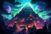 Cyber Pyramids Inca, UV tapestry, Blacklight Reactive, Psychedelic Wall Hanging