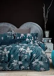 Teal Floral Doona Cover Set/Quilt Cover Set – 100% Premium Cotton, Soft & Breathable – White Flower Print Bedding with 2 Pillowcases – Queen/King Size – Machine Washable (Queen)