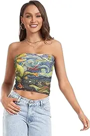 [RPLIFE] T Rex Chasing Pterodactyls Starry Night Women's Tube Top Strapless Tops Women, Sheer Tube Tops, Trendy Crop Tops (S)