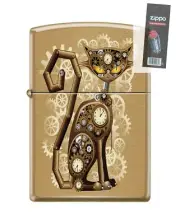 Zippo 82234 steampunk cat feline gears cogs metal clocks Lighter + FLINT PACK