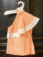 $325 Pearl by Lela Rose | Cotton Poplin Asym Ruffle Detail Top | Peach | M