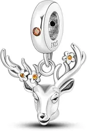 [Generic] M&S Elk Charm Daisy Flower Deer Reindeer Animal Lover Pet Charm Bead Pendant, 925 Sterling Silver Dangle Charm, Compatible With Pandora & European Bracelet �, Metal