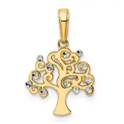 14K Yellow & Rhodium And White Diamond-Cut Tree Of Life Pendant