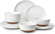 [Sweese] Porcelain 12-Piece Dinnerware Sets, White Handcrafted Embossed Plates and Bowls Set for 4 - Scratch Resistant, Dishwasher and Microwave Safe