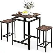 Costway 3 Pieces Bar Table Set, Square Counter Height Table with Stools, Floating Tabletop & Footrest, Industrial Pub Table Set for Small Space, Breakfast Nook, Kitchen, Rustic Brown