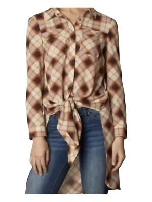 Prana Womens Flint Maxi Tunic Top Snap Up Blouse Plaid Optional Tie Front S