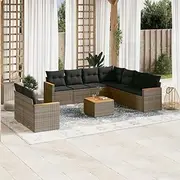 10 Piece Grey Poly Rattan Garden Sofa Set with Cushions - Patio Furniture Set for Outdoor Lounge with Chairs & Table, Wicker Design, Modular Small Porch Sets - 62 x 62 x 69 cm Dimensions