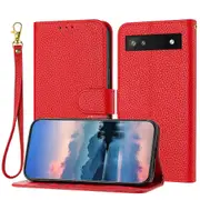 Pixel 6A Case Litchi Grain PU Leather Folio Cover Magnetic Closure Flip Wallet Card Slots Stand Case With Hand Strap, Brown - Red