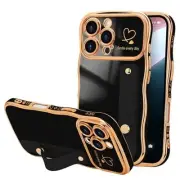for Case for Women Girls with Strap, Wave Frame Cute Love iPhone 16 Pro Black