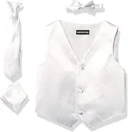 [Beichi] AXNY Boys 4 Piece Formal Vest Set Combo with Tuxedo Vest, Tie, Bow Tie, and Handkerchief, White, 6