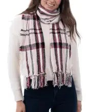 Womens Chenille Scarf Fringe Trim Ivory Plaid STYLE&CO $25 NWT