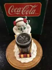 1990's Willits Design Coca-Cola SNOWMAN on Sled pushing Glass of Coke -WoodBase