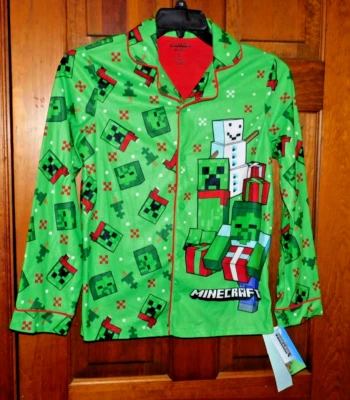 MINECRAFT Green Flannel L/S Button Shirt Pants Sleepwear Pjs Set sz Small NWT