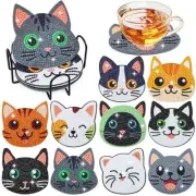 10 Pcs Cats Face Diamond Art Coasters with Holder Diamond Art Painting