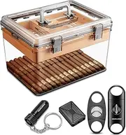 Cigar Humidor Jar/Case with Humidifier and Hygrometer,Humidor with 2 Cutters and Cigar Punch, Cigar Box Hold About 100 Cigars(Color:Clear)