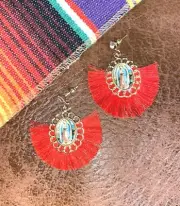 Our Lady Of Guadalupe Earring Set 2" Red Fringe Virgin Mary