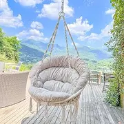 Hammock Chair with Cushion, Handmade Macrame Swing Chair with Hanging Hardware Kits, Bohemian Style Cotton Rope Hanging Chair for Bedroom Indoor Outdoor, Beige