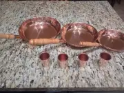 Set of 3 handmade Copper pan set and 4 Copper Shot Glasses (Tequileros)