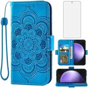 [Asuwish] Phone Case for Samsung Galaxy S23 FE 5G Wallet Cover with Tempered Glass Screen Protector and Leather Flip Credit Card Holder Stand Folio Slot Cell Accessories S 23 EF S23FE 23S Women Men Blue