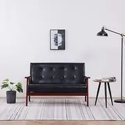 2-Seater Retro Sofa, Black Faux Leather Couch with Wooden Frame, Comfortable Upholstered Loveseat for Living Room, Modern Furniture, 113.5 x 67 x 73.5 cm
