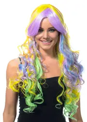 Deluxe Pastel Rainbow Long Curly Womens Costume Wig