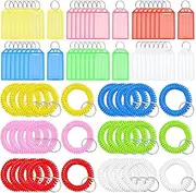 Mardatt 156Pcs 6 Colors Plastic Key Tags and Spiral Coil Wristband Bracelet with Split Rings, Key Labels Tags with Flap Label Window Key Identifiers for Key Chain Suitcase ID Luggage Tags