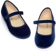 [Children Chic] ChildrenChic Mary Jane Flats with Hook and Loop Straps - Shoes for Girls (Velvet, Navy Blue, 9 M US Toddler)