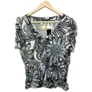 BCBGMAXAZRIA Chiffon Top V-Neck Abstract Black Gray Short Sleeves Neck Tie NWT