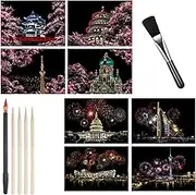 Leseogye 8 PCS Scratch Art Paper, Scratch Art for Adults with Scratching Tool Kit, Cherry Blossoms, World Famous Cities and Buildings(A4 Size)
