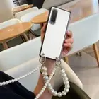 For Samsung Galaxy Z Fold6 Fold5/4/3 Leather Case w/ Two Pearls Bracelet Chain