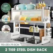 Dish Drying Rack Holder Drain Caddy Kitchen Drainer Cutlery Plate Cup Utensil Storage Over The Sink Organiser Enclosed With Hook Door 95cm