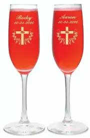Double Rings Cross Toasting Champagne Wedding Flutes glasses Names, Date FREE !