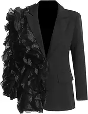 [Zadaos] Women's Blazer Asymmetrical Patchwork Mesh Ruffles Solid Color Notched Design Suit Jackets