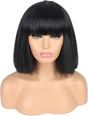 Women's Bob Wig with Full Bangs Short Straight Synthetic Black