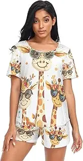 [RPLIFE] Happy Giraffe Family Woman Pajamas Set, Short Sleeve Matching Set, Happy Giraffe Family, Medium