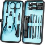 Manicure Set Nail Clippers Pedicure Kit -12PCS Stainless Steel Manicure Kit, Professional Grooming Kits, Nail Care Tools with Luxurious Travel Leather Case Gift Box (Blue, 12)